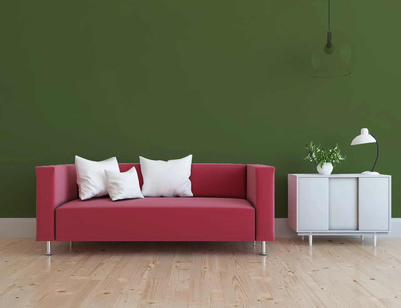 dark olive green walls with red couch