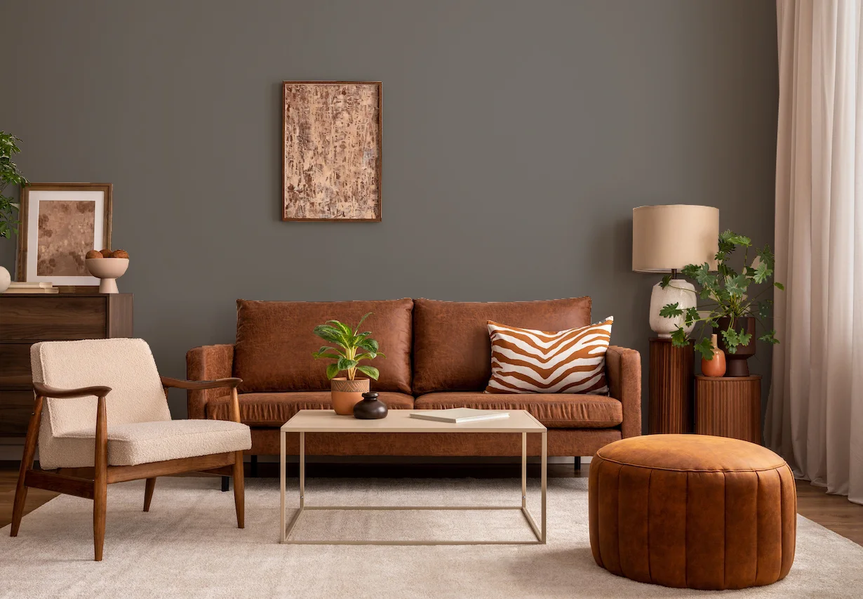 grey walls with brown furniture