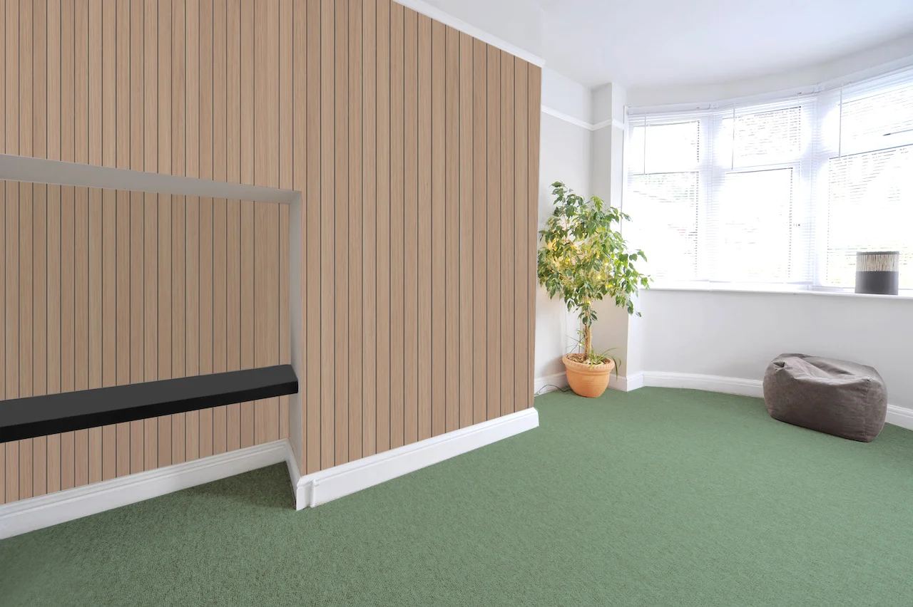 wood wall with green carpet