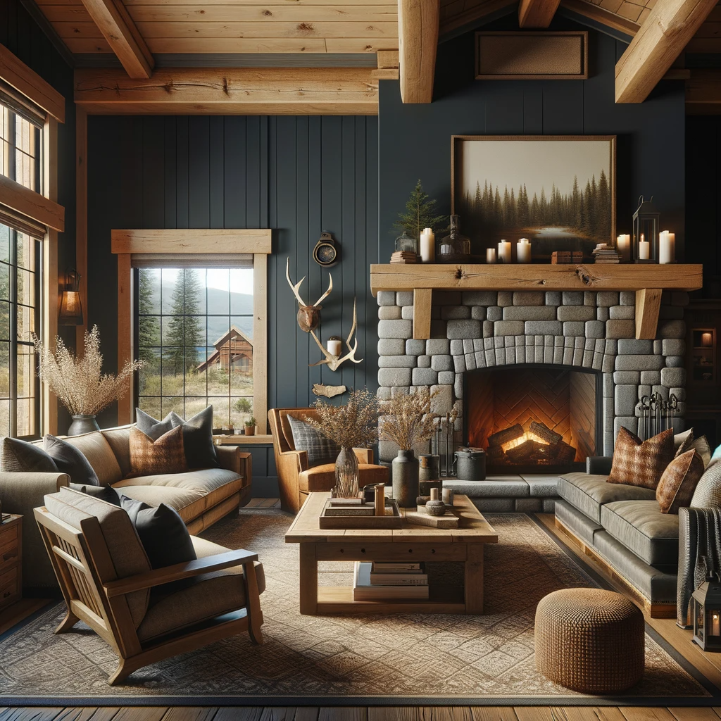 A cabin-style living room with dark navy walls and light wood trim. The room exudes a cozy, rustic charm, featuring a large stone fireplace as the centerpiece. Comfortable seating includes a plush sofa and armchairs with warm, earthy-toned cushions. The light wood trim contrasts beautifully with the dark navy walls, enhancing the cabin feel. A wooden coffee table, a patterned area rug, and a collection of cabin-themed decor like antlers, lanterns, and nature-inspired art add to the rustic ambiance. Large windows with simple treatments allow natural light to complement the dark walls, creating a warm and inviting space.