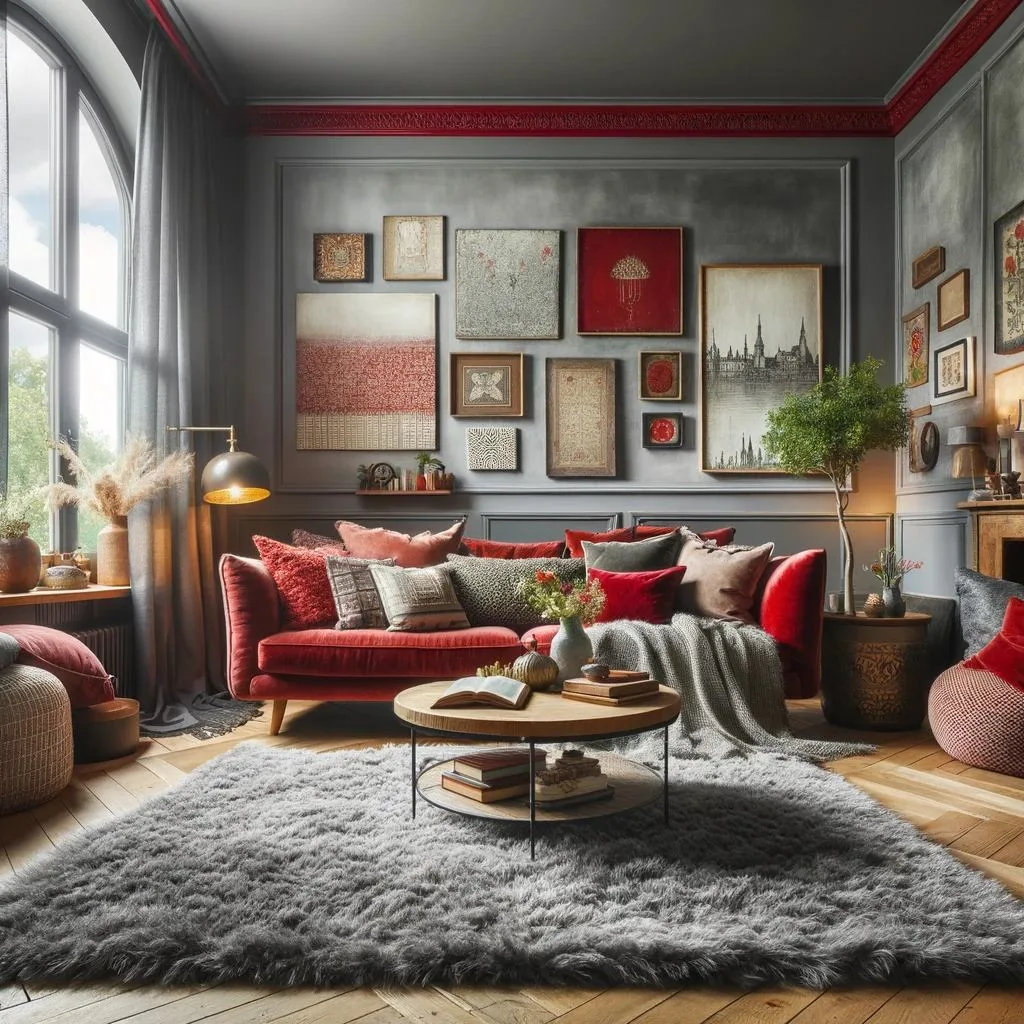 A cozy living room with grey walls, red trim, and an assortment of textures. The room features a plush red sofa, a grey shag rug, and various throw pillows in different patterns and textures. A wooden coffee table in the center, adorned with a few books and a vase of flowers. The walls are adorned with eclectic artwork, and there's a large window with flowing curtains, allowing soft natural light to fill the room. The overall ambiance is warm and inviting, with a harmonious blend of colors and textures.