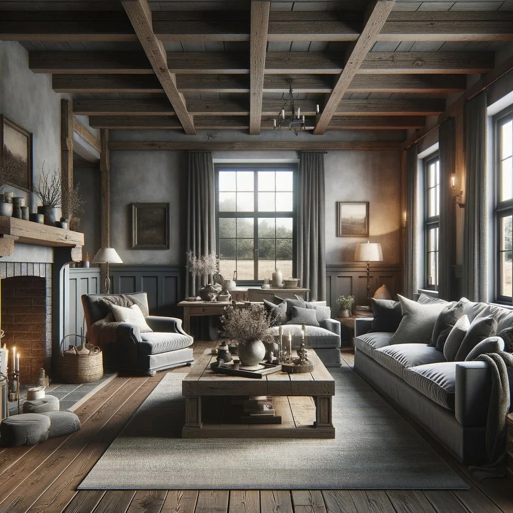 A farmhouse-style living room with grey walls and dark dusty blue trim. The room exudes a rustic charm blended with modern comfort. The grey walls provide a serene backdrop, complemented by the dark dusty blue trim on the windows and door frames, adding depth and character. The furniture includes a large, plush sofa, wooden coffee table, and cozy armchairs, all fitting the farmhouse aesthetic. Exposed wooden beams on the ceiling and a stone fireplace enhance the rustic feel. The room is decorated with vintage accessories, potted plants, and soft lighting, creating a warm and inviting atmosphere.
