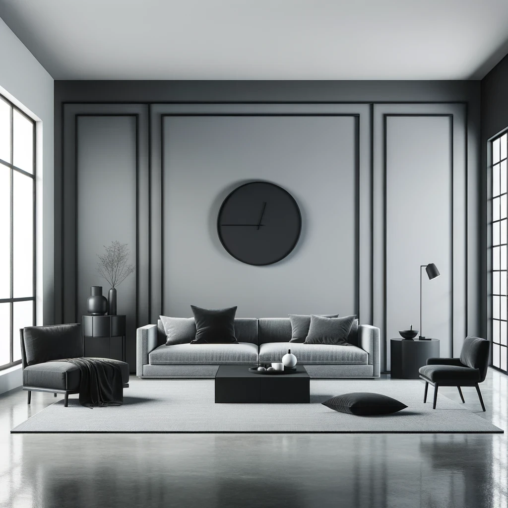 A minimalist living room with grey walls and black trim, embodying a sleek and modern aesthetic. The room's design is defined by clean lines and a monochromatic color scheme. The grey walls provide a neutral backdrop, complemented by striking black trim around the windows and doors, adding a bold contrast. The furniture is simple and functional, including a low-profile black sofa, a minimalist coffee table, and a couple of understated chairs. The flooring is polished concrete, enhancing the minimalist vibe. The room is sparsely decorated, with just a few key pieces like a geometric rug and a statement wall clock, maintaining a clutter-free and stylish atmosphere.