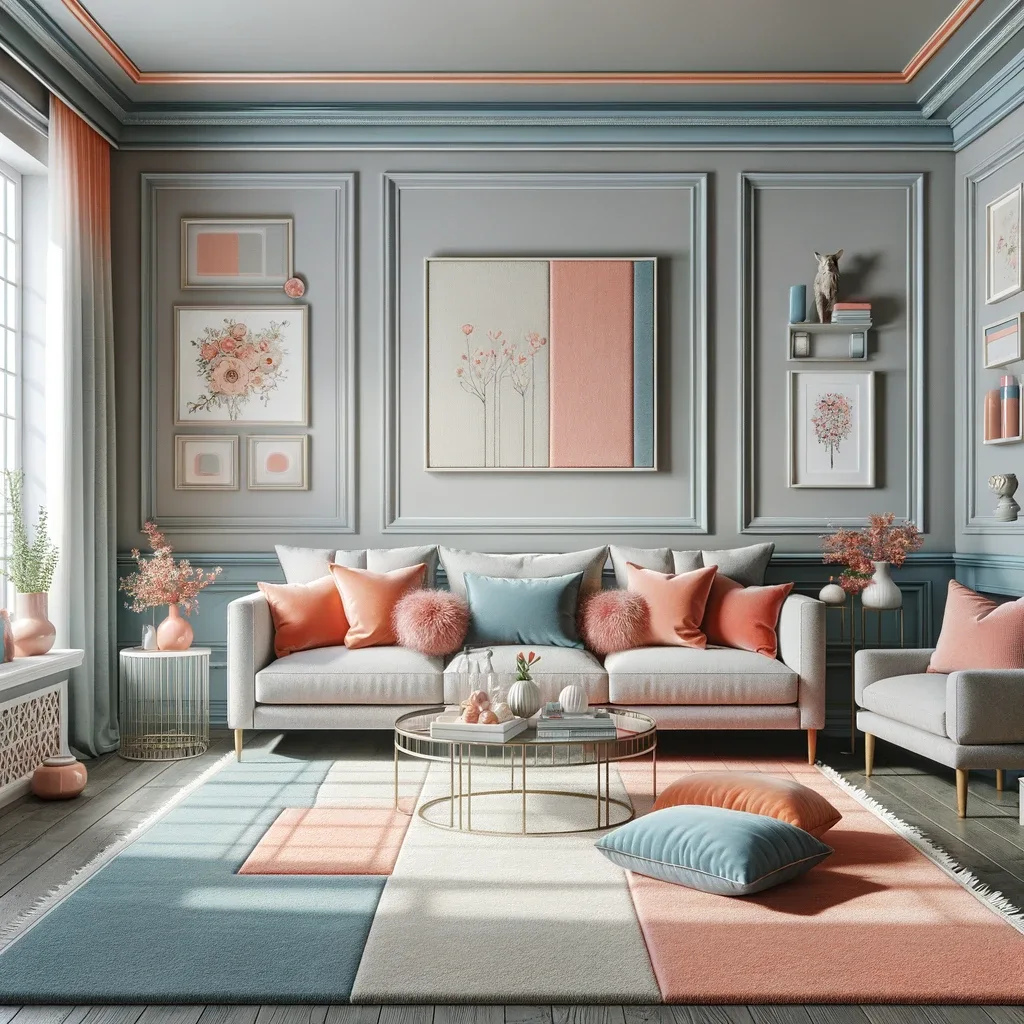 A stylish living room with grey walls, light blue trim, and accents in peach, coral, and lilac. The room features a comfortable sofa in a soft peach color, complemented by coral and lilac throw pillows. The light blue trim around the windows and doors adds a refreshing contrast. The room includes a chic coffee table and a plush area rug incorporating shades of peach, coral, and lilac, creating a harmonious color palette. Artwork on the walls and decorative items on shelves add pops of these colors, enhancing the room's vibrant yet soothing atmosphere.
