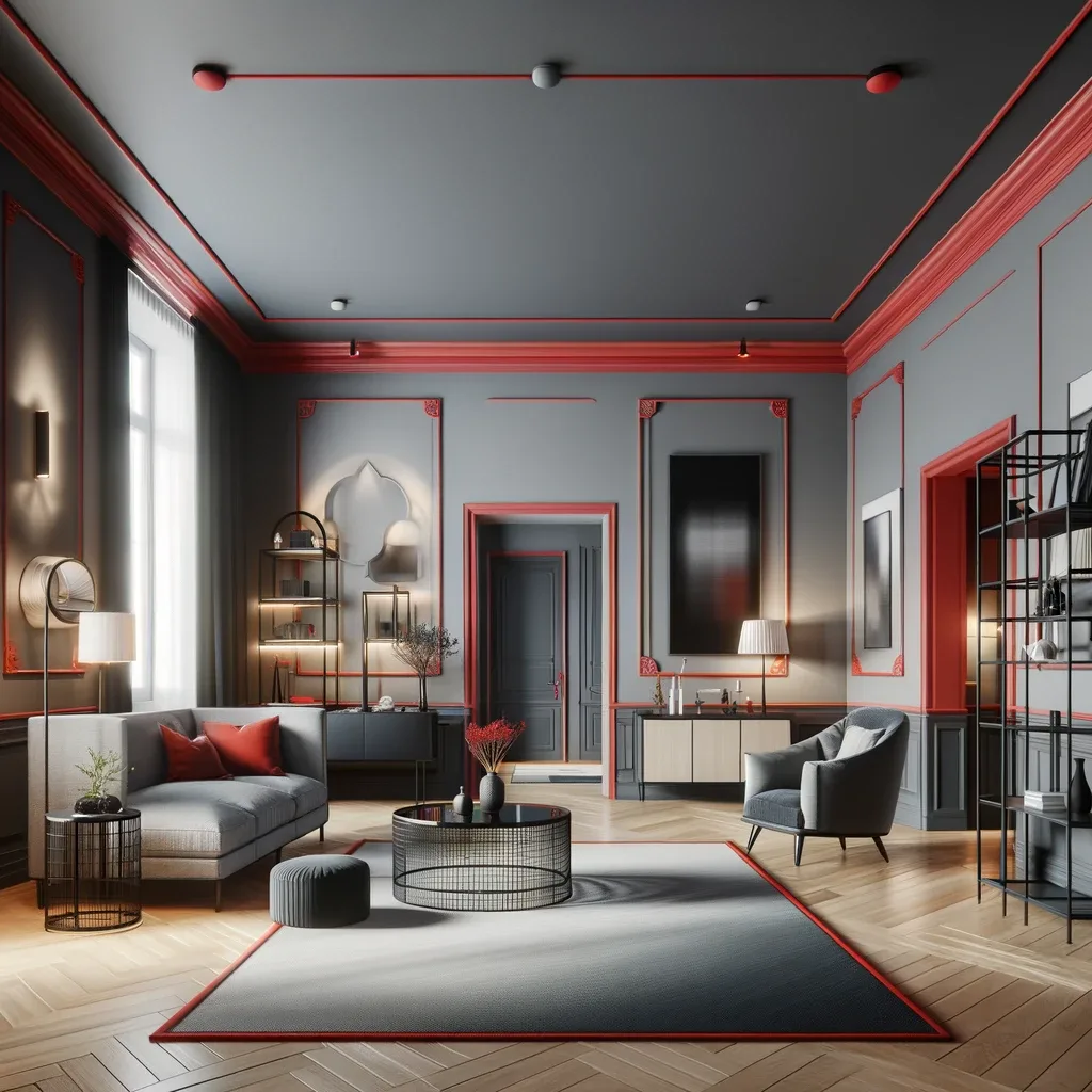 An elegantly designed room featuring grey walls and red trim. The room has a modern yet comfortable feel, with a combination of sleek and traditional elements. The grey walls are complemented by bold red trim around the doorways and windows, adding a striking contrast. The furniture is a mix of contemporary and classic styles, including a cozy armchair, a sleek coffee table, and decorative shelving. The flooring is polished hardwood, and the room is illuminated by soft, ambient lighting. The overall atmosphere is chic and inviting, with a balanced color scheme.