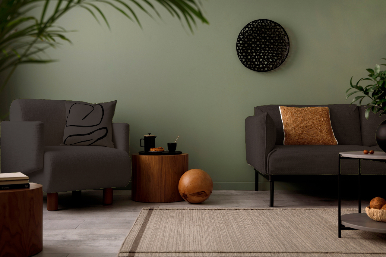 black furniture with green walls