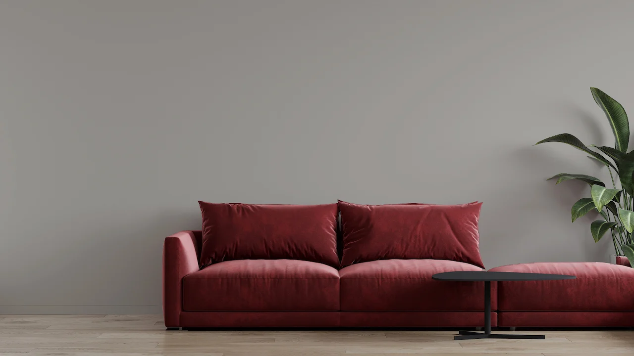light grey walls with burgundy couch