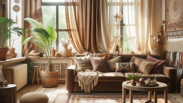 A Bohemian style living room featuring a brown couch and cream curtains on the windows. The room should exude a relaxed and artistic vibe, characteristic of Bohemian decor, with the brown couch providing a comfortable and earthy element. The cream curtains should add a light and airy feel, complementing the Bohemian aesthetic. The space is filled with eclectic accessories, vibrant colors, and various textures, creating an inviting and uniquely stylish environment.