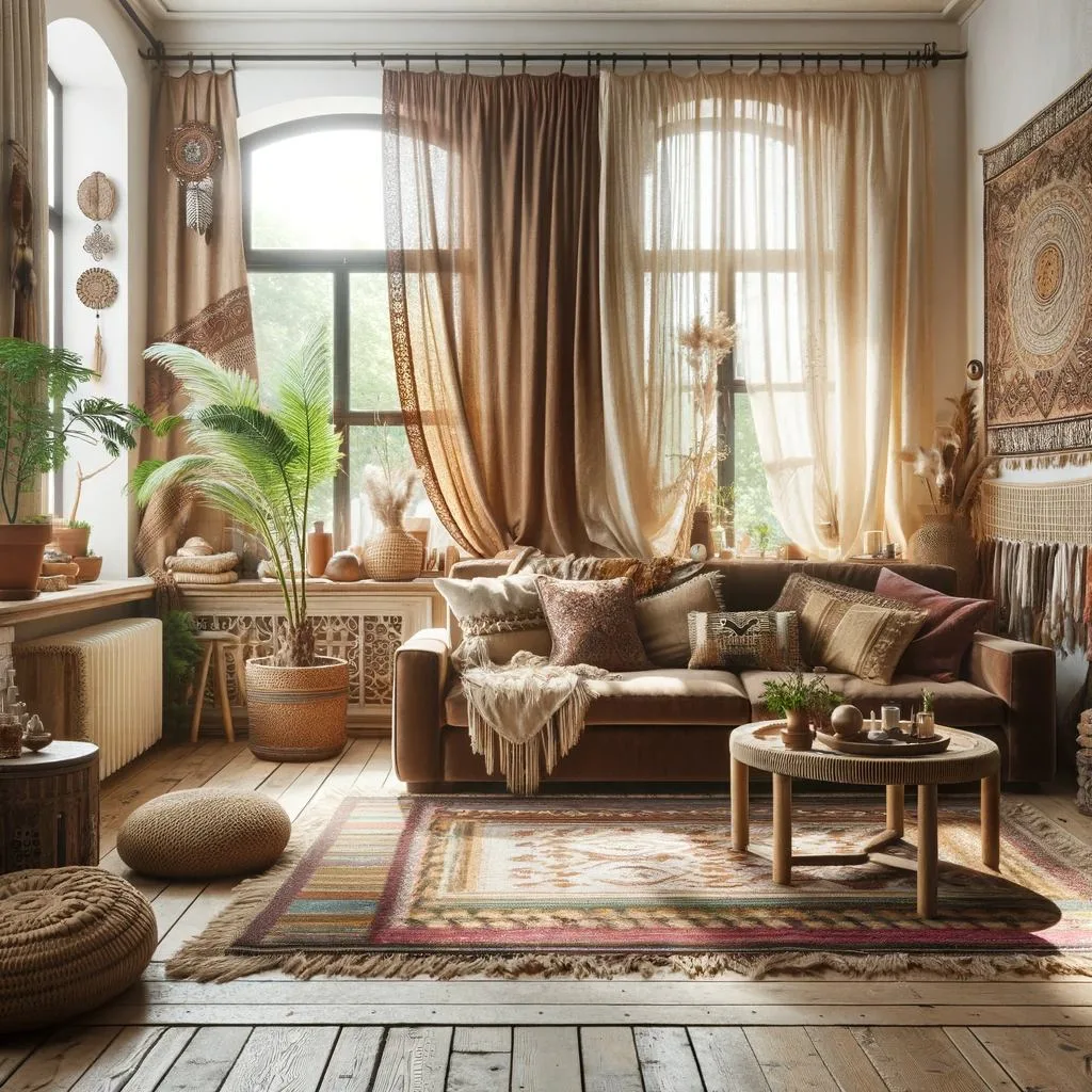 A Bohemian style living room featuring a brown couch and cream curtains on the windows. The room should exude a relaxed and artistic vibe, characteristic of Bohemian decor, with the brown couch providing a comfortable and earthy element. The cream curtains should add a light and airy feel, complementing the Bohemian aesthetic. The space is filled with eclectic accessories, vibrant colors, and various textures, creating an inviting and uniquely stylish environment.