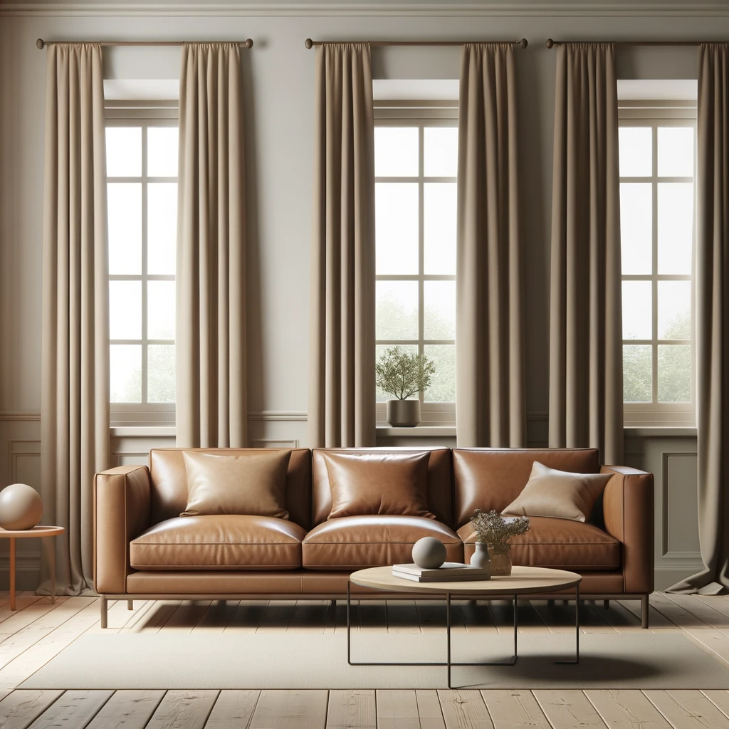 A Scandinavian style living room featuring a camel brown leather couch and taupe curtains on the windows. The room should embody the minimalist and functional aesthetic of Scandinavian design, with clean lines and a neutral color palette. The camel brown leather couch adds a touch of warmth and sophistication, while the taupe curtains complement the serene and uncluttered look. The space should be well-lit, with natural light and simple, yet elegant decor, creating a calm and inviting atmosphere.