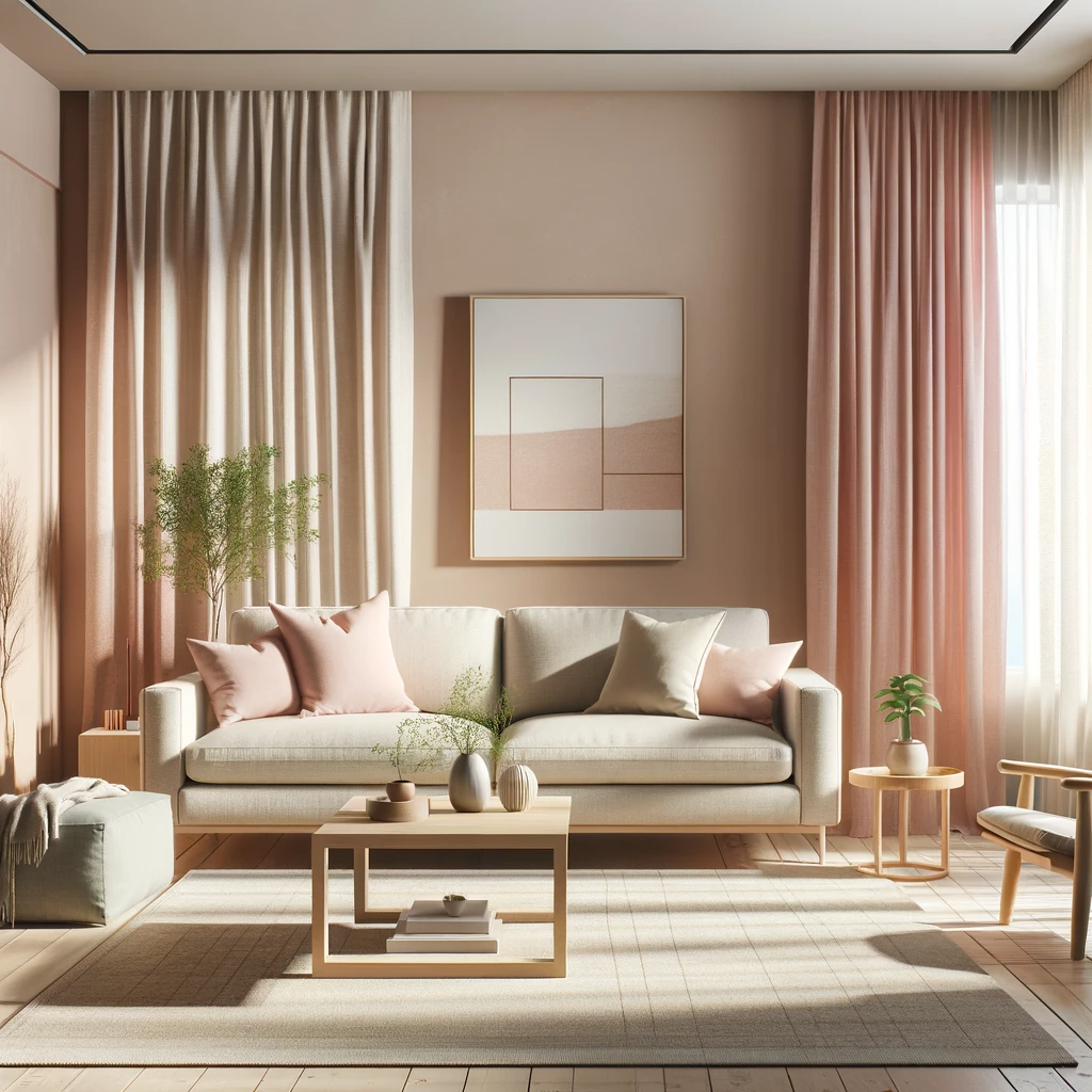 A Scandinavian-style living room with beige walls and pink curtains. The room showcases a minimalist design with clean lines and a neutral color palette. It includes a modern, low-profile sofa, a simple wooden coffee table, and a cozy armchair. The pink curtains add a soft, subtle pop of color against the beige walls. The decor is understated, featuring a few potted plants, a geometric rug, and simple wall art. Natural light floods the room, enhancing its airy and tranquil atmosphere.