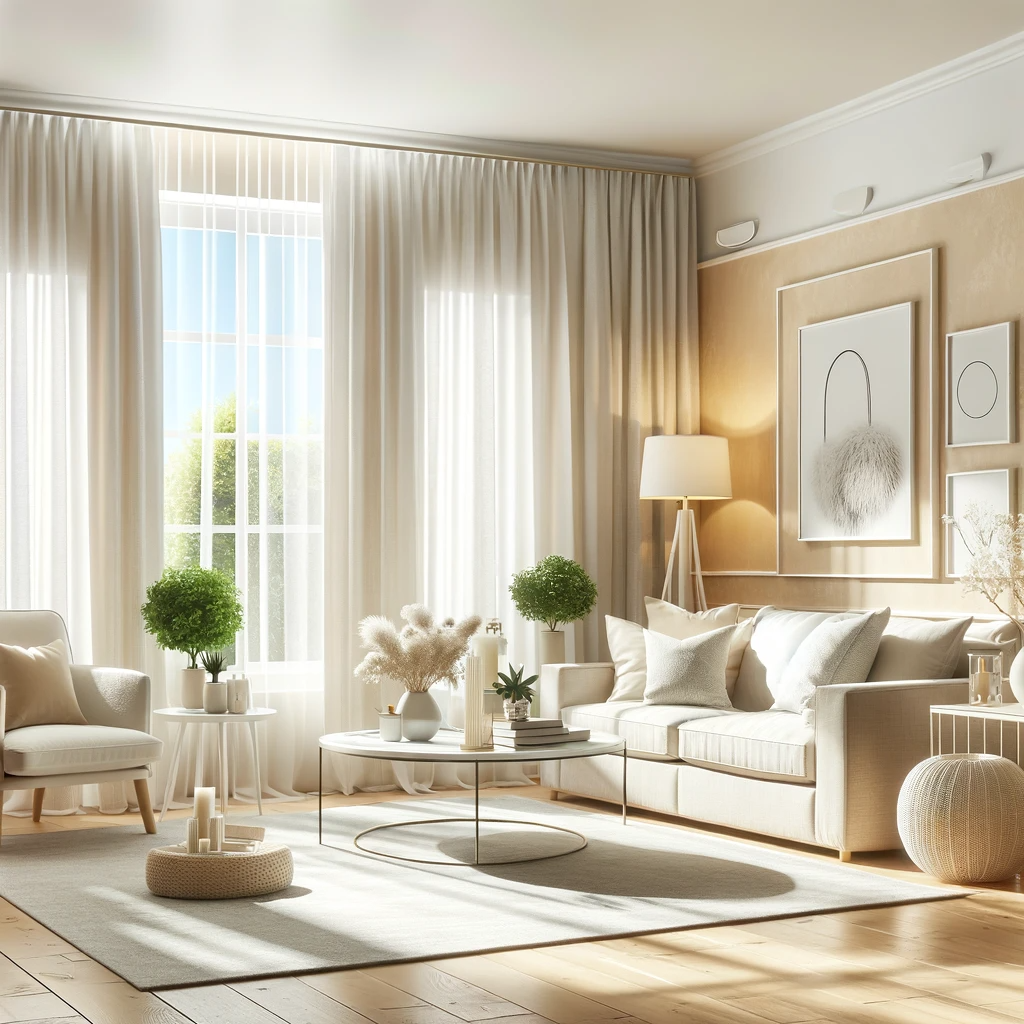 A bright and airy living room with beige walls and white curtains. The room features a comfortable sofa, a modern coffee table, and a cozy armchair. The white curtains allow plenty of natural light to enter, enhancing the light beige walls and creating a fresh, open feel. The decor includes a chic rug, some indoor plants, and tasteful wall art. The overall design is minimalistic yet inviting, with a relaxed and welcoming atmosphere.