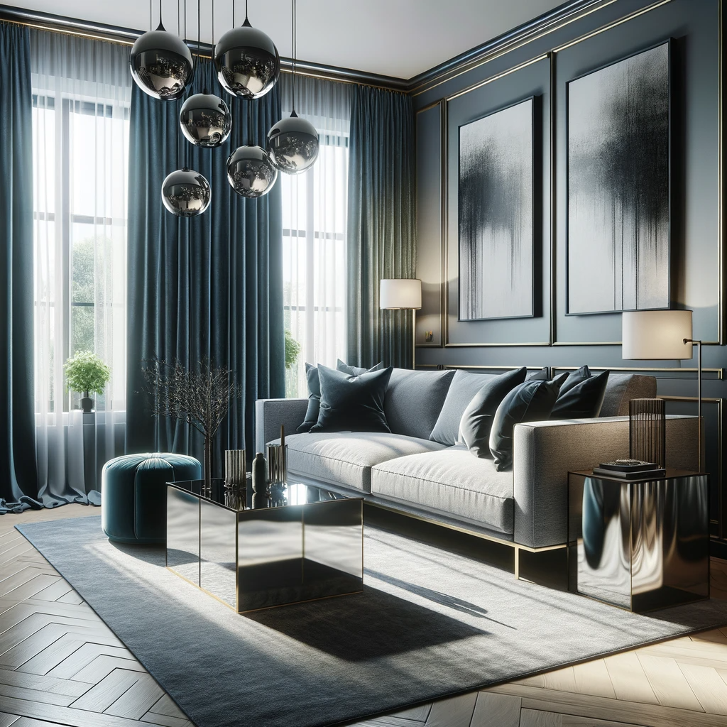 A chic living room design featuring a grey couch, which provides a sleek and modern look. The couch is paired with dark blue curtains on the windows, adding a rich and elegant touch to the space. These curtains are luxurious and create a striking contrast with the grey couch. The room is further enhanced with side tables that have shiny, reflective surfaces, adding a touch of glamour and sophistication. These tables could be made of materials like polished metal or glass, reflecting light and adding depth to the room. The living room is decorated with a few contemporary decor items, maintaining a clean and stylish aesthetic. The overall color scheme of grey, dark blue, and the shine from the tables creates a harmonious and inviting atmosphere.