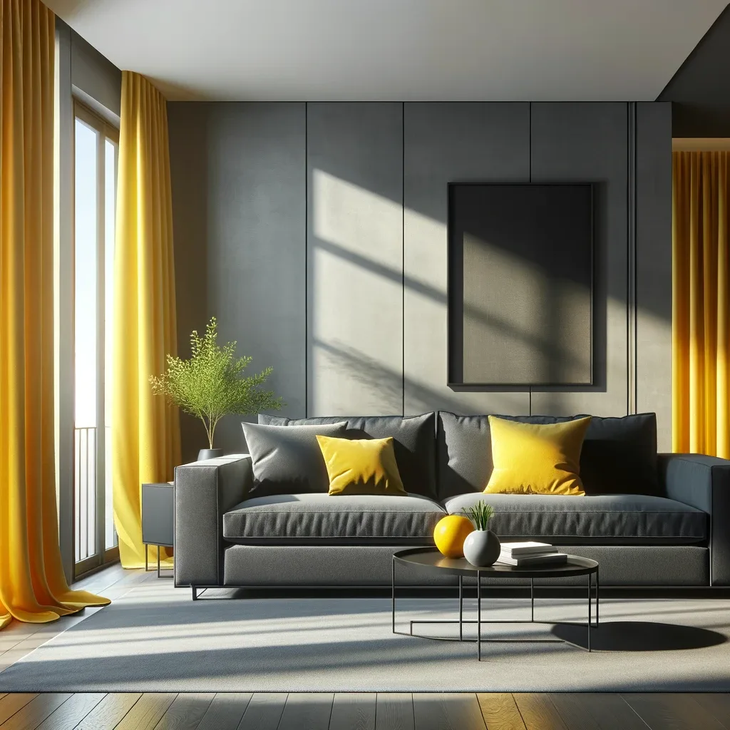 A contemporary living room design featuring a dark grey couch, providing a sleek and modern look. The couch is complemented by bright yellow curtains, which add a vibrant and energetic touch to the room. These curtains are lively and create a striking contrast with the dark grey of the couch, enlivening the space. The room is minimally decorated with a few modern art pieces and a simple coffee table, maintaining a clean and stylish aesthetic. The walls are painted in a soft, neutral color, allowing the grey couch and yellow curtains to be the focal points of the room. Natural light streams through the curtains, casting a warm and cheerful glow, enhancing the inviting atmosphere of the space.