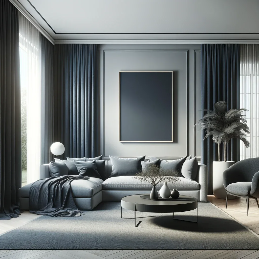 A contemporary living room design, featuring a stylish grey couch that provides a modern and versatile base for the room's decor. The couch is complemented by navy blue curtains, adding a touch of sophistication and depth to the space. These curtains are elegant and rich in color, creating a beautiful contrast with the neutral tones of the grey couch. The room is minimally decorated to maintain a clean and chic aesthetic, with a few modern art pieces and a simple coffee table. The walls are painted in a soft, light color, enhancing the contrast between the grey couch and navy blue curtains. Natural light streams through the windows, highlighting the room's serene and refined ambiance.