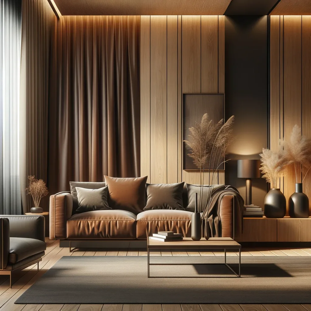 A living room interior featuring a brown couch and brown curtains. The design emphasizes simplicity and comfort, with a focus on these two brown elements. The room should have a warm and inviting atmosphere, complemented by soft lighting and a neutral color scheme, creating a harmonious and relaxing space.