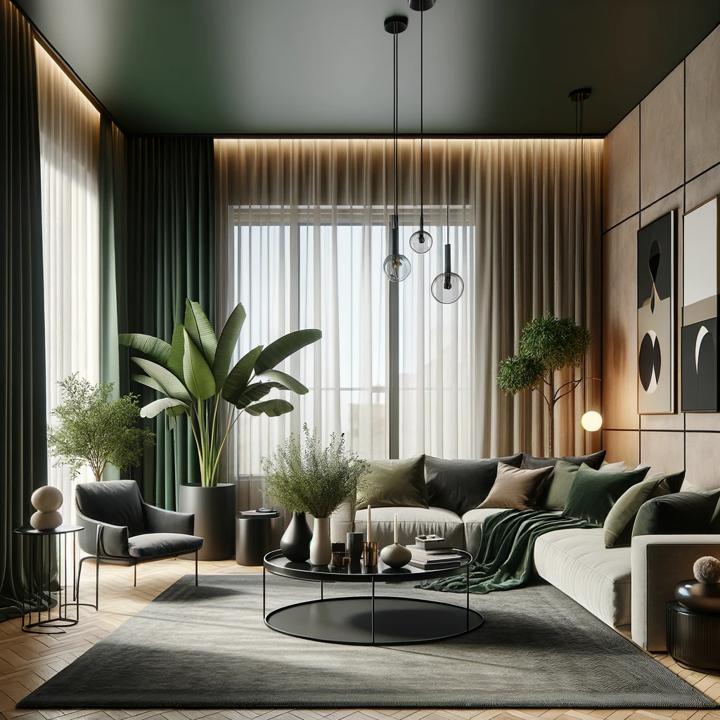 A contemporary living room with dark green curtains and beige walls. The room features a modern sofa, a glass coffee table, and a stylish armchair. The dark green curtains offer a bold contrast to the soft beige walls, adding a touch of sophistication. There are minimalist artworks on the walls and a cozy rug on the floor. The room benefits from natural light, and there are indoor plants that add a natural element to the decor. The overall atmosphere is chic and inviting, with a harmonious blend of colors and textures.