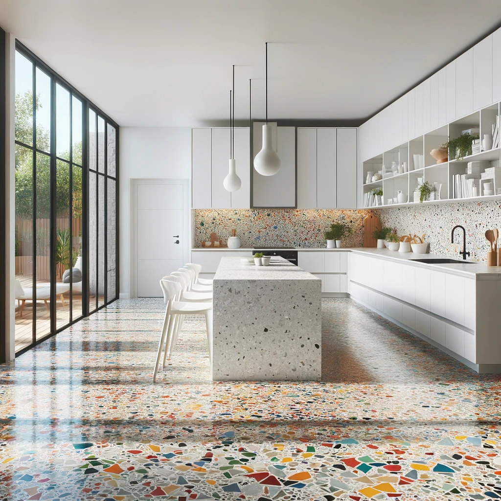 A contemporary white kitchen with colorful terrazzo floors. The kitchen features sleek white cabinets and countertops, offering a crisp, clean look that contrasts beautifully with the vibrant terrazzo flooring. The terrazzo consists of multicolored chips of marble, quartz, and other materials, set in polished concrete, creating a playful and eye-catching pattern. Large windows flood the kitchen with natural light, highlighting the unique charm of the terrazzo floors. The kitchen includes modern stainless steel appliances and a central island with seating options.