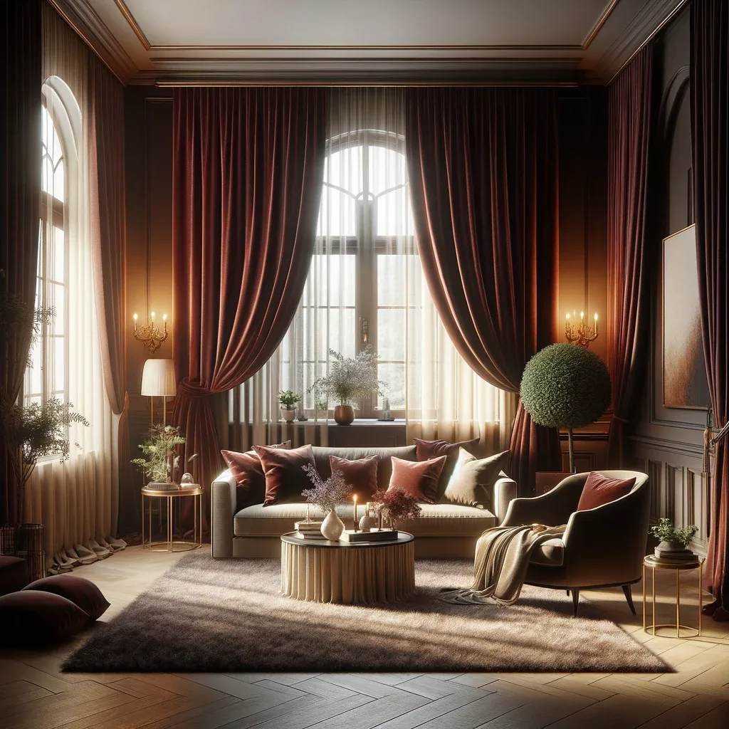 A cozy living room, bathed in warm, ambient light, featuring luxurious dark red, almost burgundy curtains hanging from the windows. The room is furnished with comfortable seating, a plush rug, and a small coffee table. The walls are adorned with elegant, understated artwork, and there's a gentle contrast between the rich color of the curtains and the soft, inviting tones of the room's decor. Plants in decorative pots add a touch of greenery, enhancing the homely and inviting atmosphere.