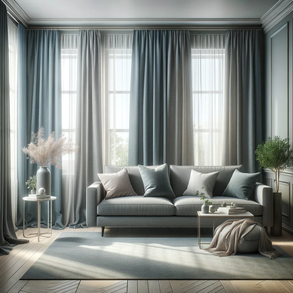 A cozy living room decorated with a stylish grey couch, offering a modern yet comfortable feel. The couch is paired with dusty blue curtains that hang from the windows, adding a soft and serene touch to the room. These curtains provide a gentle contrast to the grey couch, enhancing the room's tranquil and inviting ambiance. The living room is accented with simple, elegant decor, including a small coffee table and a few decorative pillows on the couch. The overall color scheme of grey and dusty blue creates a harmonious and calming atmosphere. Natural light filters through the curtains, casting a warm and soothing glow across the room.