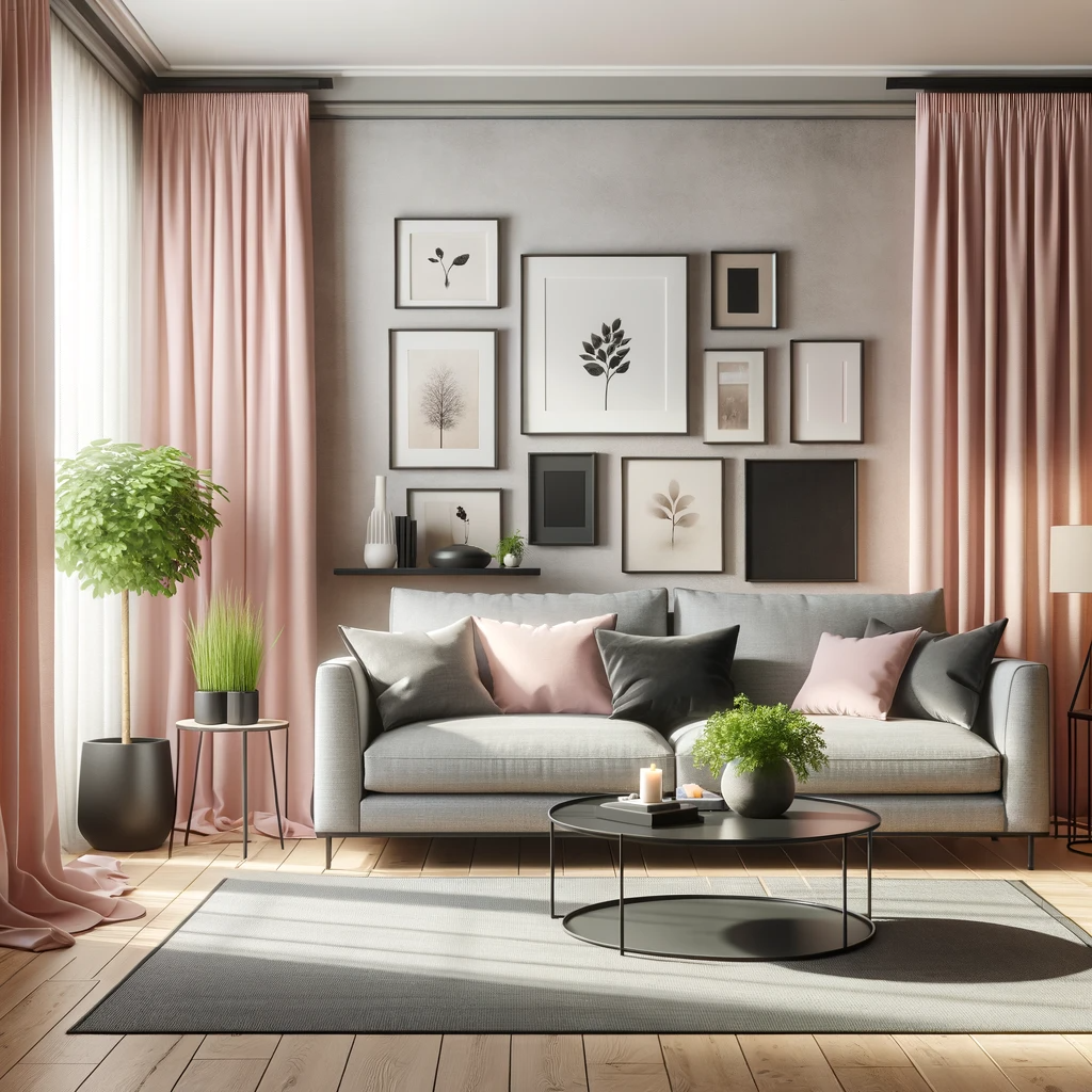 A cozy living room featuring a modern grey couch, complemented by light pink curtains that add a soft, welcoming touch. The room is accessorized with elegant black elements, including a black coffee table, black picture frames on the walls, and black decorative items. The flooring is a warm, light wooden tone, and there's a lush green indoor plant in one corner, adding a touch of nature to the space. The room is well-lit, with natural light filtering through the curtains, creating a serene and inviting atmosphere.