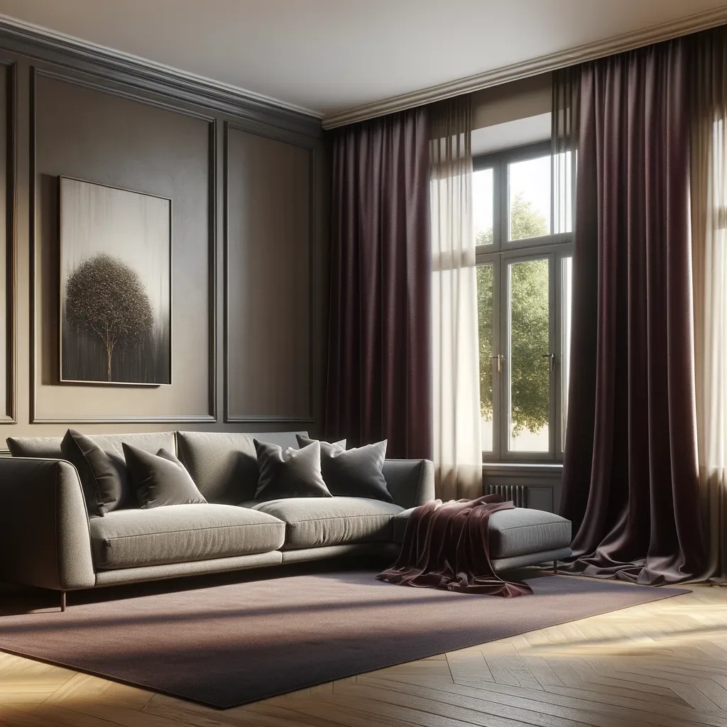 A cozy living room interior featuring a sleek grey couch, complemented by dark burgundy curtains draping elegantly over large windows. The room is well-lit, with soft natural light filtering in, highlighting the plush texture of the couch and the rich, deep tones of the curtains. The walls are painted in a warm, neutral color, and the room is decorated with a few tasteful, contemporary art pieces. The overall atmosphere is inviting and comfortable.