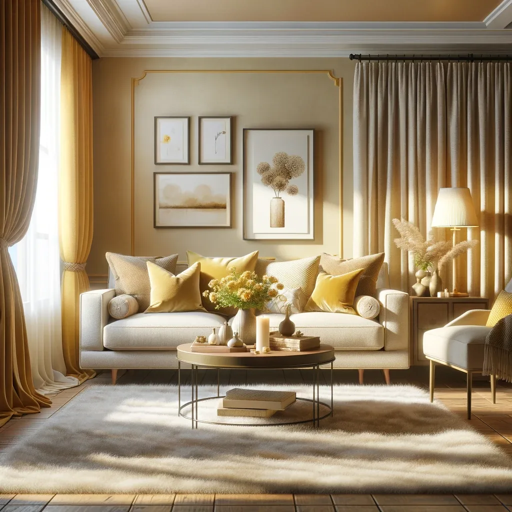 A cozy living room interior featuring beige walls and yellow curtains. The room has a comfortable sofa with some cushions, a coffee table in the center, and a plush rug on the floor. There are decorative items like a vase with flowers and framed pictures on the walls. Natural light streams in through the windows, highlighting the warm and inviting atmosphere of the room.