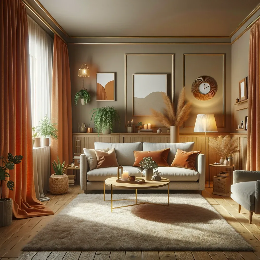 A cozy living room with beige walls and burnt orange curtains. The room is furnished with a comfortable sofa, a wooden coffee table, and a soft area rug. The burnt orange curtains add a warm, inviting touch to the room, contrasting nicely with the neutral beige walls. There are houseplants in corners, adding a touch of greenery, and various decorative items like books, candles, and a wall clock. The space is well-lit with a combination of natural light and ambient lamps, creating a pleasant and relaxing environment.