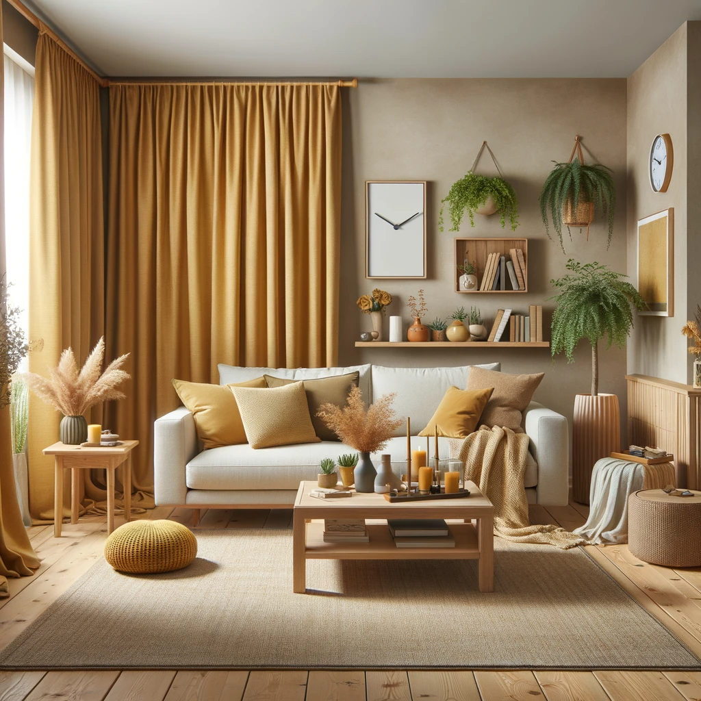 A cozy living room with beige walls and mustard curtains. The room is furnished with a comfortable sofa, a wooden coffee table, and a soft area rug. The mustard curtains add a warm, inviting touch to the room, contrasting nicely with the neutral beige walls. There are houseplants in corners, adding a touch of greenery, and various decorative items like books, candles, and a wall clock. The space is well-lit with a combination of natural light and ambient lamps, creating a pleasant and relaxing environment.
