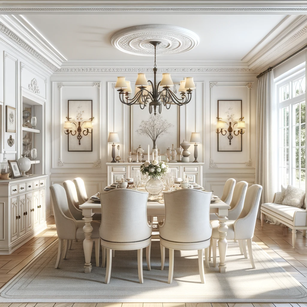 A dining room with white walls and cream trim, radiating a classic and elegant feel. The room features a large dining table, surrounded by comfortable chairs, perfect for family meals or hosting dinner parties. The white walls are beautifully accented by the cream trim around the windows, doors, and baseboards, adding a touch of sophistication. The decor includes a stylish chandelier above the dining table, providing warm lighting, and some artwork on the walls. A sideboard or buffet table might also be present, displaying decorative items or serving pieces. The overall ambiance is inviting and refined, perfect for a dining room setting.