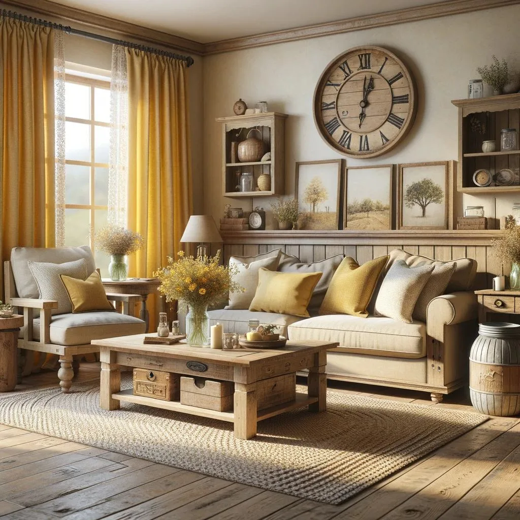 A farmhouse-style living room featuring beige walls and yellow curtains. The room includes rustic wooden furniture, a large, comfortable sofa with throw pillows, and a wooden coffee table. The floor is adorned with a braided rug. Farmhouse decor elements like a vintage clock, mason jar vases with wildflowers, and framed farm-themed artwork enhance the room's charm. Sunlight filters through the yellow curtains, creating a warm, welcoming ambiance.