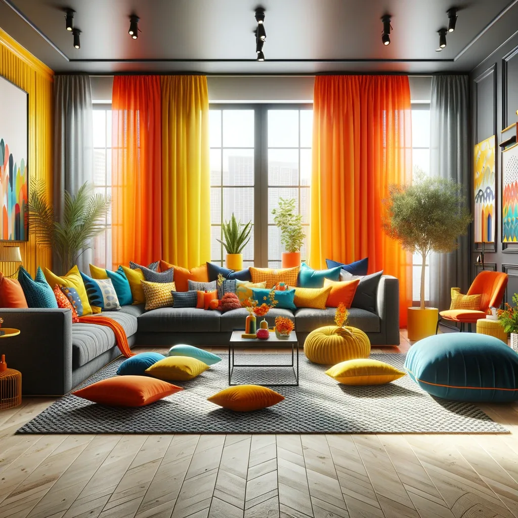 A lively and colorful living room, centered around a dark grey couch that provides a sophisticated and modern base for the room's design. Bright orange curtains adorn the windows, infusing the space with energy and warmth. The room is further accentuated with vibrant accents in yellows, blues, and reds, scattered throughout in the form of decorative cushions, artwork, and small decor items. These colorful accents create a dynamic and playful contrast with the dark grey couch and orange curtains. The flooring is a light hardwood, which complements the bright colors and adds to the room's airy and cheerful ambiance. The space is well-lit, emphasizing the lively color palette and creating an inviting atmosphere.
