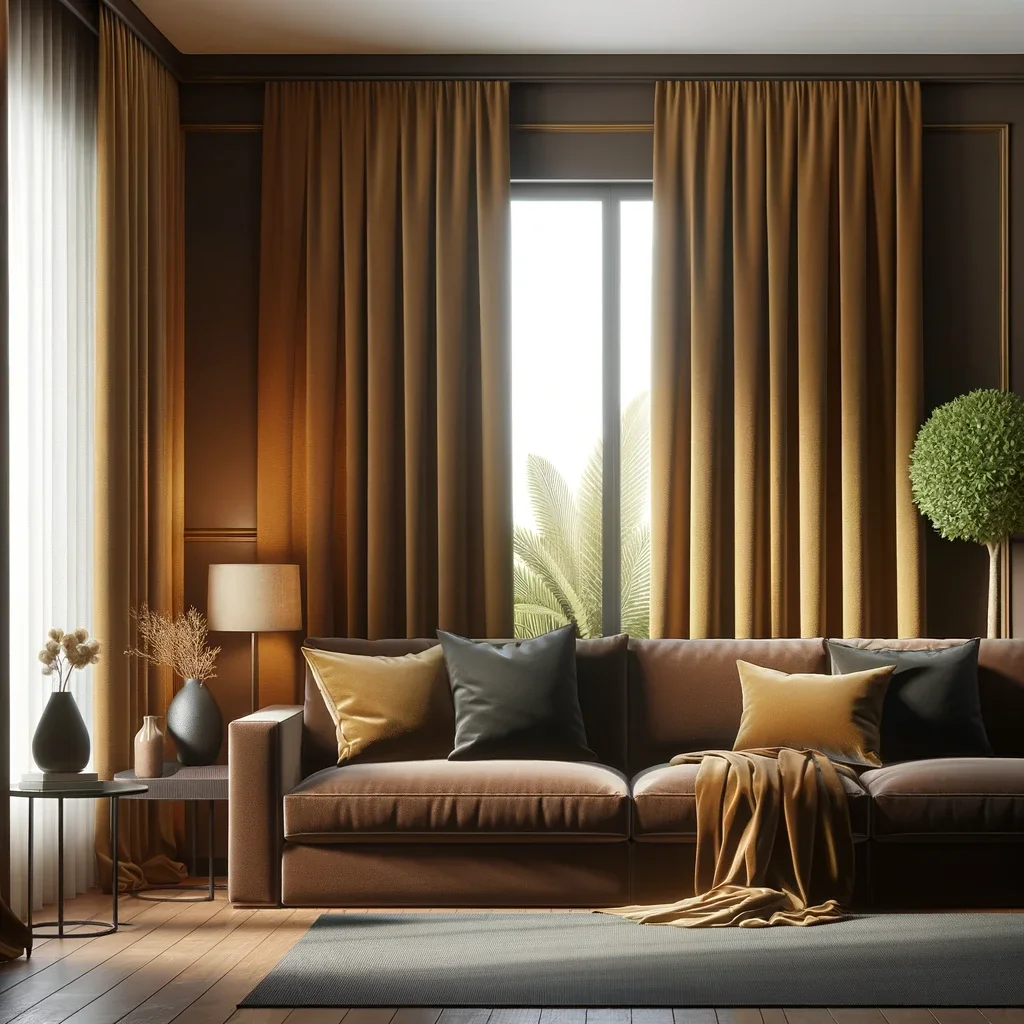 A living room featuring a brown couch and dark mustard curtains on the windows. The design should create a warm and inviting atmosphere, with the brown couch providing a cozy seating area. The dark mustard curtains add a rich, vibrant touch to the room, contrasting nicely with the couch. The overall ambiance is comfortable and stylish, with a harmonious blend of colors and textures that enhance the space.