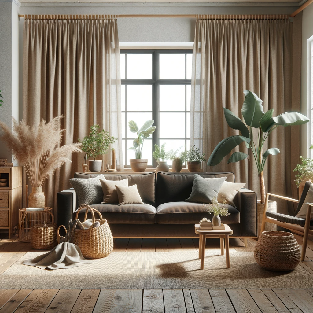 A living room featuring a dark brown couch, cream curtains on the windows, and natural elements such as wooden furniture, wicker baskets, and indoor plants. The design should evoke a sense of tranquility and connection with nature, with the dark brown couch providing a grounding element. The cream curtains should add a light, airy feel, while the wooden furniture, wicker baskets, and indoor plants bring in the natural textures and colors, creating a harmonious and serene space.
