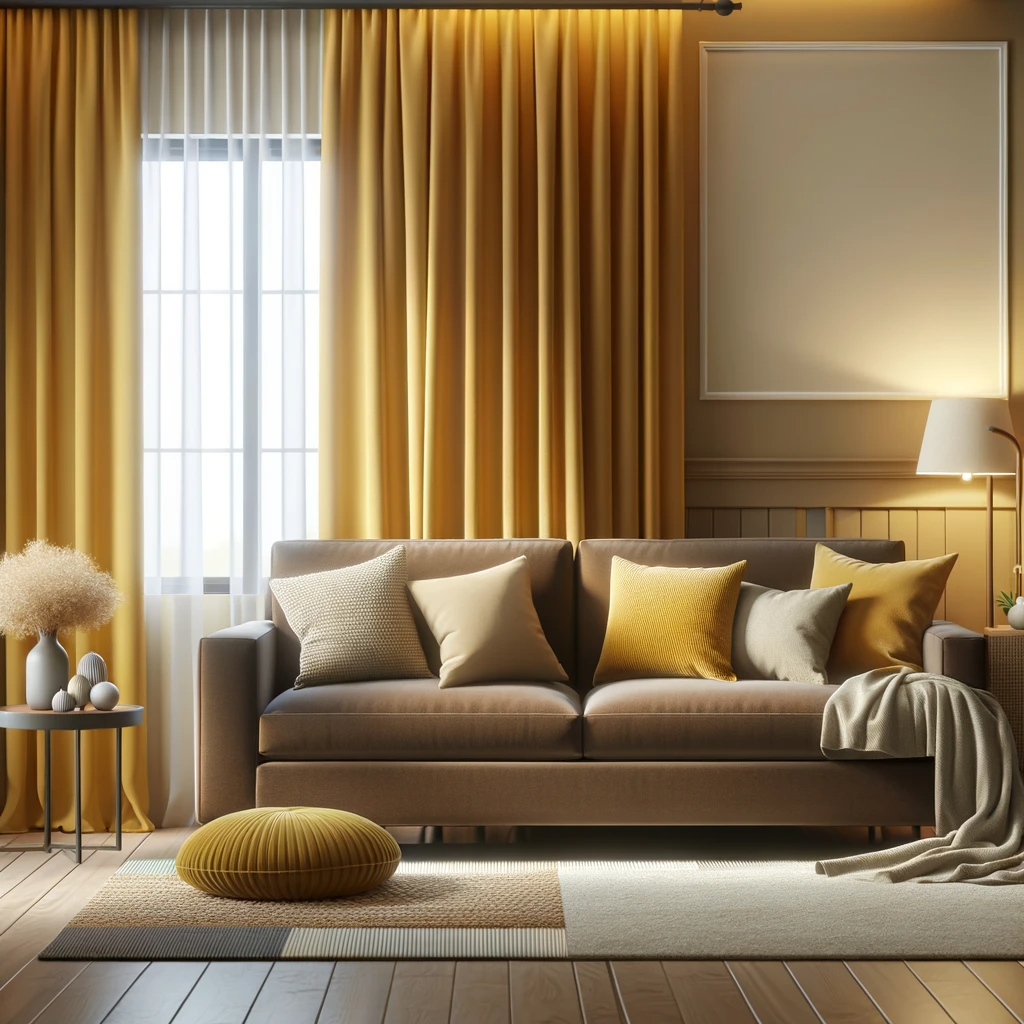 A living room interior featuring a brown couch, yellow curtains, and neutral-colored pillows and area rug. The room should have a warm and welcoming atmosphere, with the yellow curtains adding a vibrant touch to the space. The neutral pillows and area rug should complement the brown couch, creating a balanced and harmonious aesthetic. Soft lighting and a cozy environment are key elements of this design.