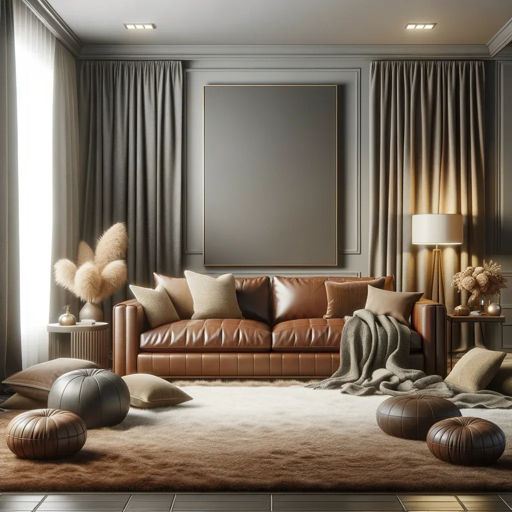A living room interior featuring a brown leather couch, grey curtains, beige plush rugs, and pillows. The room should exude elegance and comfort, with the brown leather couch providing a rich focal point. The grey curtains add a modern touch, while the beige plush rugs and pillows bring softness and warmth to the space. The overall ambiance is cozy and sophisticated, with a harmonious blend of colors and textures.