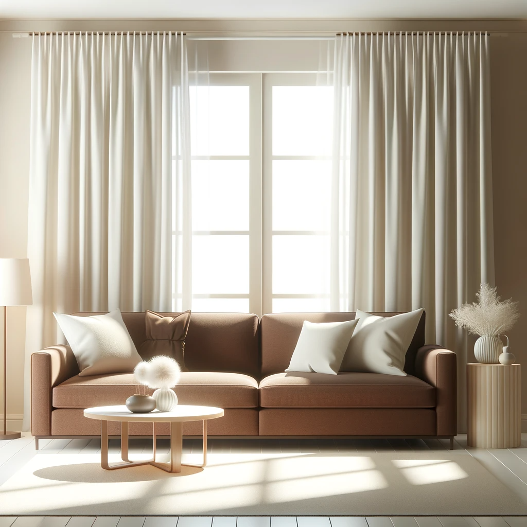 A living room with a brown couch and white curtains. The room should convey a comfortable and inviting atmosphere, with the brown couch providing a cozy seating area. The white curtains add a fresh and clean look, contrasting with the couch and brightening up the space. The overall design is simple yet elegant, with a harmonious blend of colors and textures that create a warm and welcoming environment.