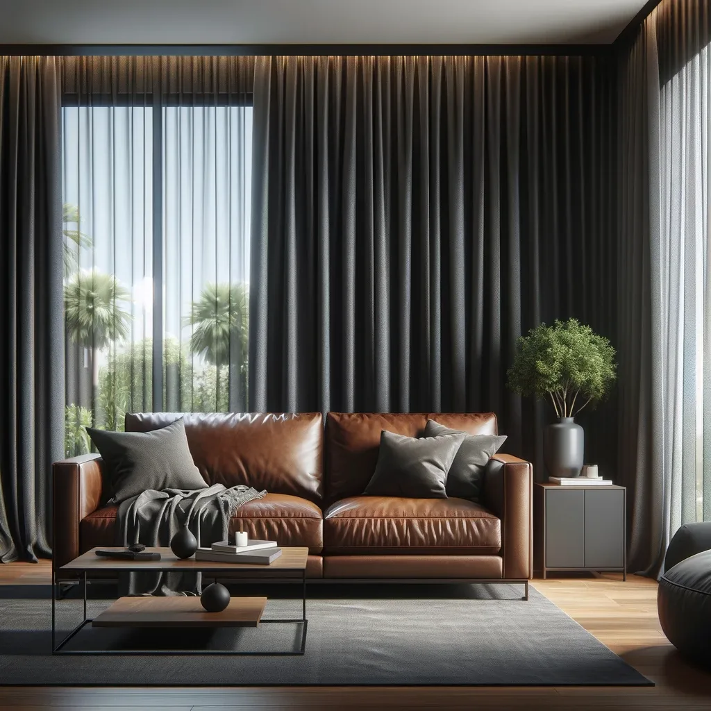 A living room with a brown leather couch and grey curtains on the windows. The room should have a modern yet comfortable feel, with the brown leather couch providing a stylish and inviting seating area. The grey curtains should complement the overall color scheme, adding a touch of elegance to the space. The atmosphere is cozy, with natural lighting and a well-coordinated decor.