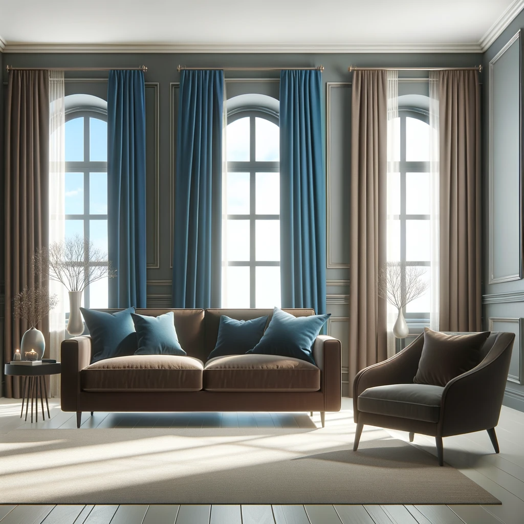 A living room with a chocolate brown couch, blue curtains on the windows, and light grey walls. The design should create a soothing and stylish atmosphere, with the chocolate brown couch offering a comfortable and elegant seating option. The blue curtains provide a striking contrast against the light grey walls, adding depth and vibrancy to the room. The overall ambiance is modern and inviting, with a well-balanced color scheme and tasteful decor.