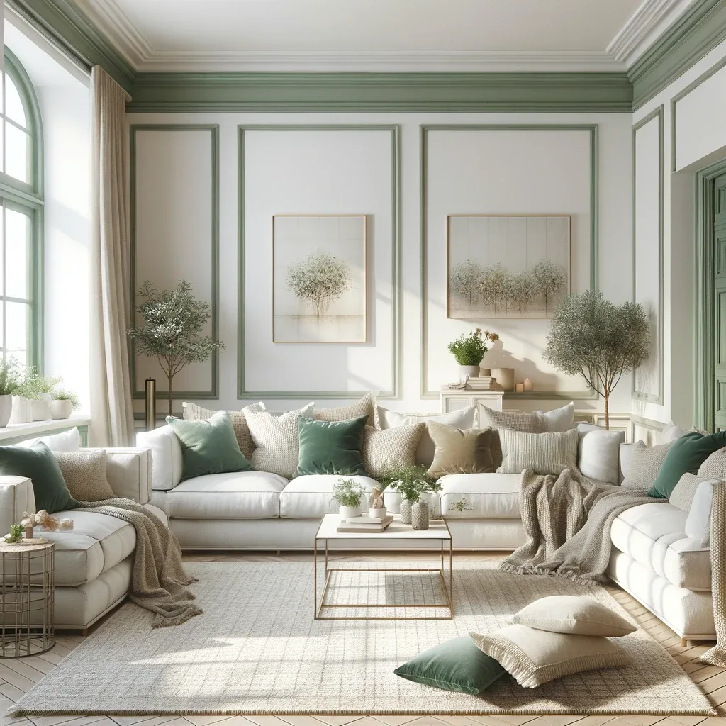 A living room with white walls, sage green trim, and plush sofas, creating a cozy and stylish atmosphere. The room features comfortable, plush sofas in a neutral color, offering a warm and inviting seating area. The sage green trim around the windows and door frames adds a touch of nature-inspired elegance to the white walls. The decor is complemented by a few decorative pillows, a cozy rug, and a coffee table. To enhance the room's aesthetic, there are some indoor plants, artwork on the walls, and a floor lamp, all contributing to the homely and serene ambiance of the living room.