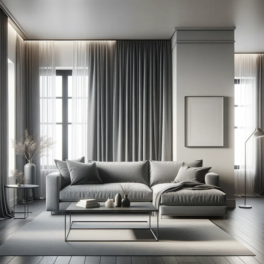 A modern living room design featuring a comfortable grey couch, which provides a neutral and stylish centerpiece. The couch is complemented by dark grey curtains on the windows, adding a sense of depth and elegance to the room. These curtains are thick and luxurious, enhancing the cozy and sophisticated ambiance. The living room includes minimalistic decor, such as a sleek coffee table and a few tasteful art pieces, maintaining a clean and contemporary aesthetic. The walls are painted in a soft, light color, allowing the grey couch and dark grey curtains to stand out as the main features. The space is illuminated by soft, natural light, which highlights the subtle contrast between the different shades of grey and creates a calming and inviting atmosphere.