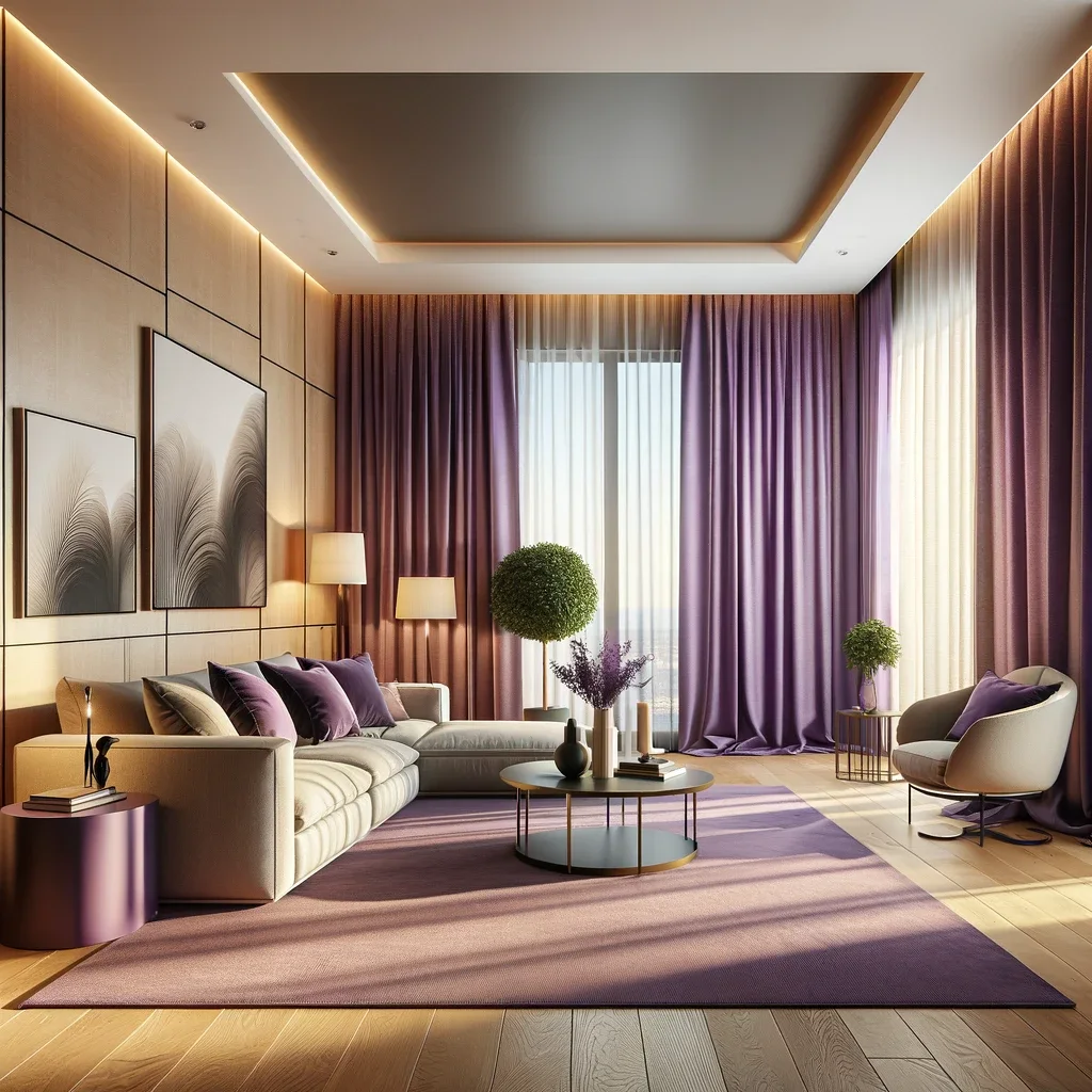 A modern living room with beige walls and purple curtains. The room features contemporary furniture, including a comfortable sofa and a sleek coffee table. The purple curtains provide a vibrant contrast to the beige walls, adding a touch of elegance and color. There are minimalist artworks on the walls and a stylish rug on the floor. The room is illuminated with soft, ambient lighting, creating a cozy and welcoming environment.