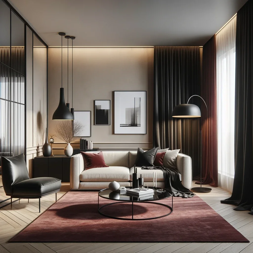 A modern living room with beige walls, black curtains, and a burgundy rug. The room features a sleek, contemporary sofa, a glass coffee table, and a stylish floor lamp. The burgundy rug adds a touch of elegance and warmth to the space. There are minimalist artworks on the walls, and a large window draped with black curtains allows for adjustable natural lighting. The overall ambiance is chic and sophisticated, with a well-balanced color scheme.