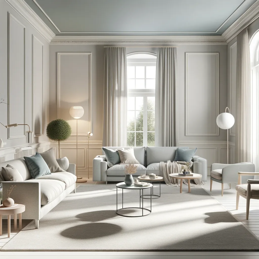 A room featuring muted colored furniture, white walls, and white trim. The room has a calm and sophisticated atmosphere, with furniture in soft, muted tones like pastel blue, gentle grey, and light beige. The white walls and trim enhance the room's brightness and spaciousness. The room includes a comfortable sofa, a stylish armchair, a coffee table, and some decorative elements such as a rug with a subtle pattern, a floor lamp, and a few potted plants. The window with light curtains allows natural light to fill the space.