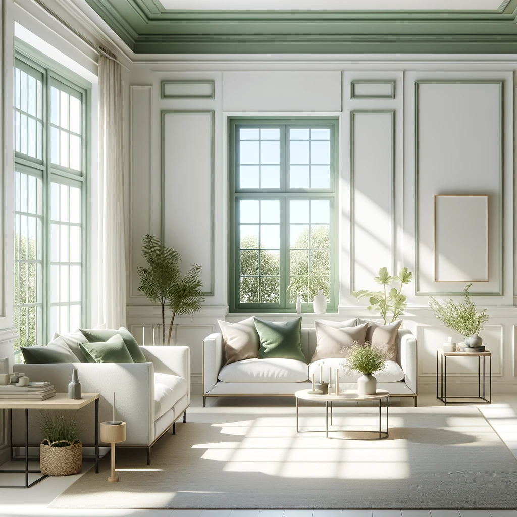 A room with white walls and sage green trim, showcasing a tranquil and elegant design. The room is well-lit, with large windows framed by the sage green trim, offering a beautiful contrast to the white walls. The furniture is modern and minimalistic, in neutral colors that harmonize with the room's color palette. The space includes a comfortable seating area, a coffee table, and a few decorative elements like a rug, a couple of indoor plants, and some wall art. The overall atmosphere is serene and welcoming, with the sage green trim adding a subtle yet distinctive touch to the space.