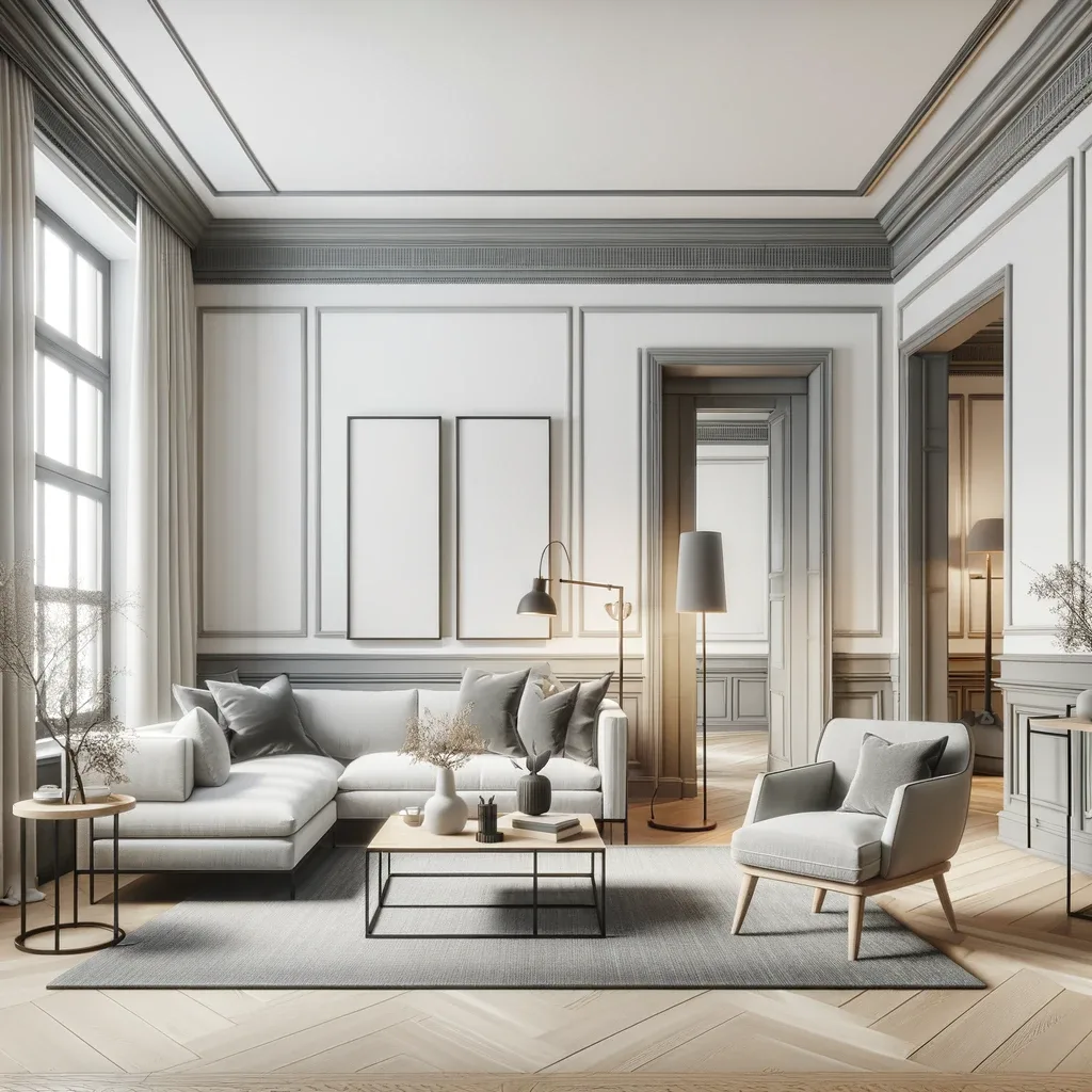 A room with white walls, ash trim, and grey furniture, presenting a modern and sophisticated look. The room features stylish grey furniture, including a comfortable sofa, an armchair, and a coffee table, all complementing the white walls and ash trim. The ash trim around the windows and door frames adds a subtle, elegant contrast to the white walls. The decor is minimal, with a few decorative elements like a rug, a floor lamp, and some artwork on the walls. The space is well-lit, either by natural light from the windows or by contemporary lighting fixtures, creating a warm and inviting ambiance.