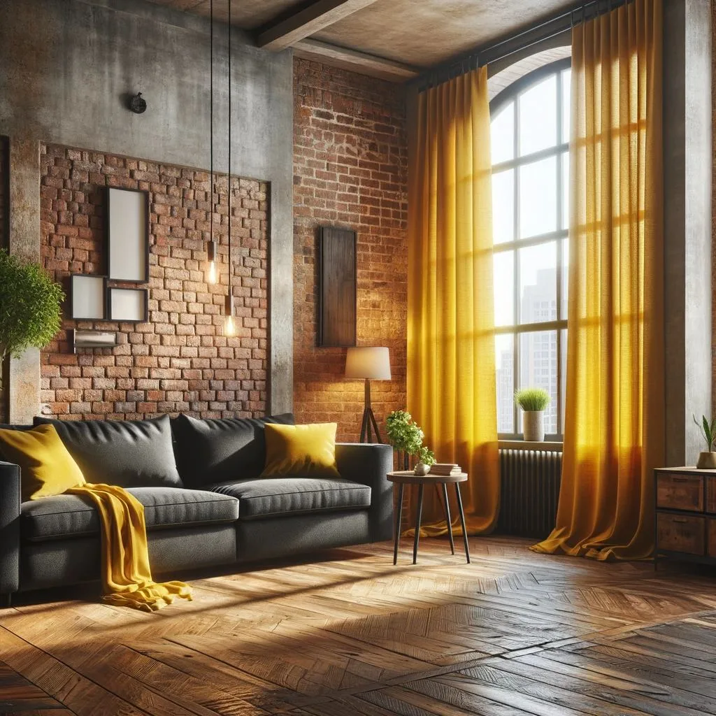 A rustic yet modern living room, featuring a dark grey couch that offers a contrast against the room's warm tones. The couch is paired with bright yellow curtains, adding a lively and cheerful element to the space. These curtains stand out against the rustic charm of the exposed brick walls, which add character and texture to the room. The brick walls have a natural, reddish-brown hue, creating a cozy and inviting atmosphere. The room is adorned with a few simple, yet stylish decor items, including a wooden coffee table and some green plants, enhancing the blend of modern and rustic styles. Natural light filters through the yellow curtains, casting a warm glow that highlights the room's unique features and color scheme.