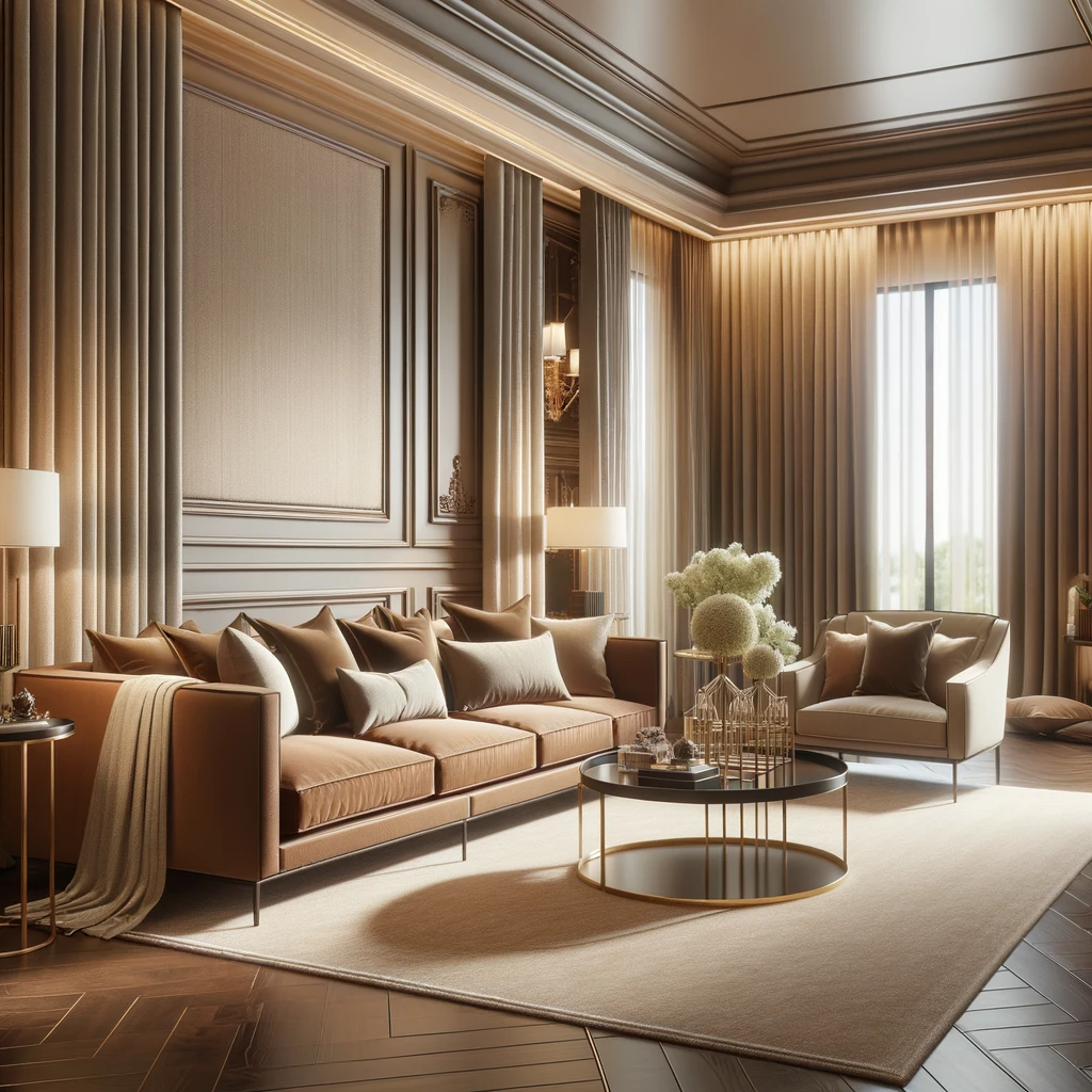 A sophisticated living room featuring a brown couch and beige curtains. The room should embody elegance and style, with the brown couch offering a luxurious and comfortable seating option. The beige curtains should complement the overall color scheme, adding a touch of softness and refinement. The space is designed to be inviting and chic, with tasteful decor, subtle lighting, and a harmonious blend of colors and textures to create an upscale and tranquil atmosphere.