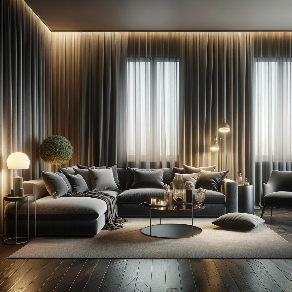 A sophisticated living room with a dark grey couch as the focal point, set against a backdrop of greige curtains that seamlessly blend grey and beige tones. The room exudes a modern yet warm ambiance, with the curtains providing a subtle, elegant contrast to the darker couch. The flooring is a rich, dark hardwood, complementing the furniture. Accent pieces like a small, glass-top coffee table and minimalistic decor enhance the room's chic, contemporary vibe. Soft, ambient lighting accentuates the cozy and inviting atmosphere of the space.