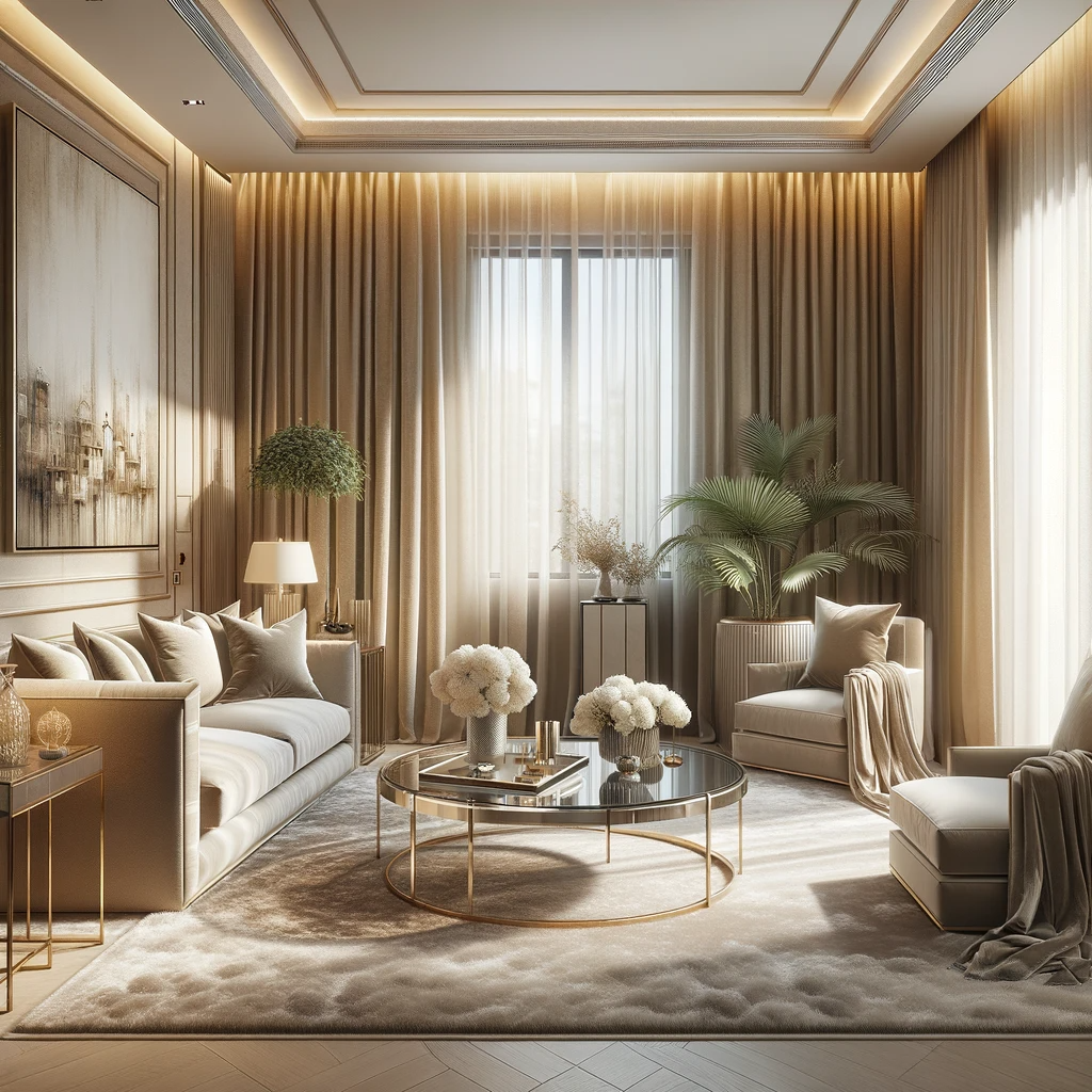 A sophisticated living room with beige walls and cream curtains. The room includes a luxurious sofa, a modern glass coffee table, and elegant armchairs. The cream curtains complement the beige walls, enhancing the room's refined and calm ambiance. Decorative elements like a plush rug, tasteful artwork on the walls, and potted plants add to the room's aesthetics. The lighting is soft and warm, contributing to a serene and comfortable atmosphere.